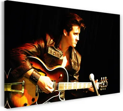Produktbild von Leinwandbild (120x80cm): Elvis Presley mit Gitarre und schwarze Lederjacke, echter Holz-Keilrahmen inkl. Aufhänger, handgefertigt in Deutschland