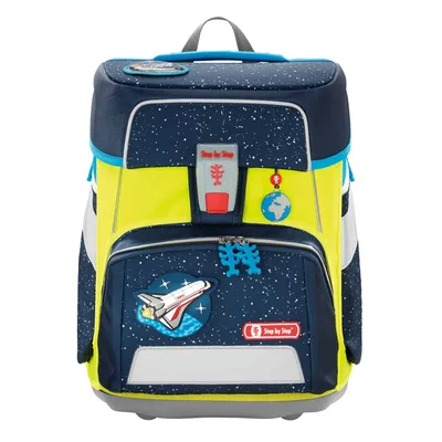 A children's backpack with a space theme.