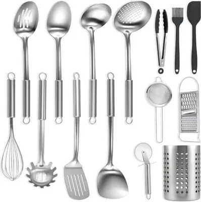 Produktbild von BEWOS 15-teiliges Küchenhelfer Set - Edelstahl Kochlöffel Set, Küchenutensilien mit Spateln und Aufbewahrungsbox, Ungiftig, Spülmaschinengeeignet & Hitzebeständig