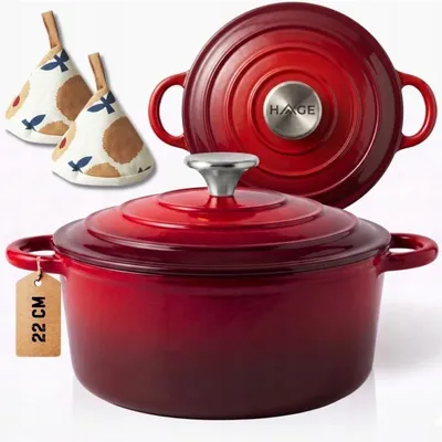 Obrázok produktu pre Hágový liatinový hrniec s pokrievkou, priemer 22 cm, objem 3 litre, smaltovaný, červený, vhodný na indukciu