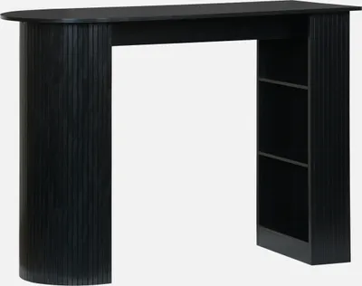 A black bar table with a curved front and shelves on one side, presented against a white background.