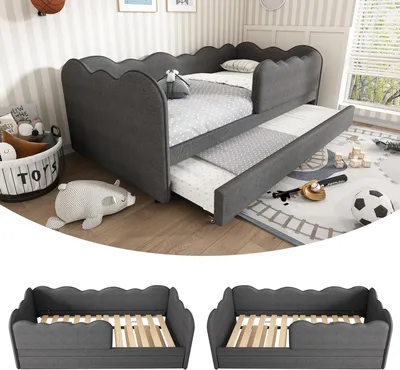 Produktbild von Sweiko Polsterbett Daybett 90x190cm,Tagesbett Schlafsofa mit Ausziehbett 90x190cm, Kinderbett mit Lattenrost, Leinen,Grau, ohne Matratze
