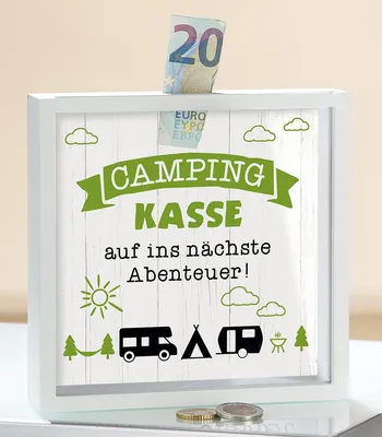 Zdjęcie produktu dla Biała drewniana skarbonka: "Camping till - off to the next adventure!"