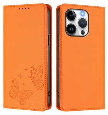 Obrázek produktu pro Kožené pouzdro pro iPhone 15 Pro, motýlí ražbou, peněženkové flip pouzdro se stojánkem Oranžová