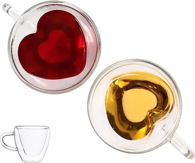 Imagen del producto de Uniqoos® Juego de 2 vasos de café de doble pared, capacidad de 180 ml, vidrio de borosilicato transparente, con compartimento interior en forma de corazón en 3D, aislados, resistentes al calor (20–150 °C), aptos para microondas y lavavajillas