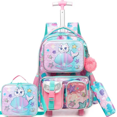 Produktbild von Schulranzen Trolley Mädchen Meerjungfrau Einhorn Rucksack mit Rollen 2. Klasse Lila 24L