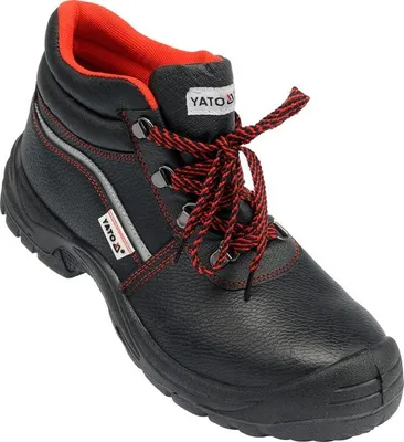 A black work boot with red laces and red lining, shown from a three-quarter angle against a white background.