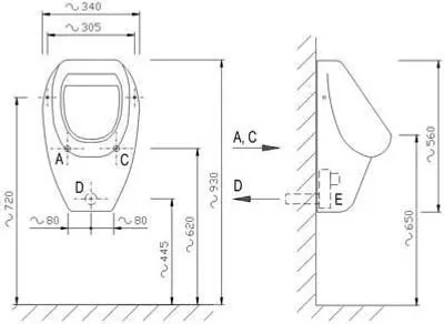 AUP 29 Keramik-Urinal Apollo automatischer Spülung technische Zeichnung