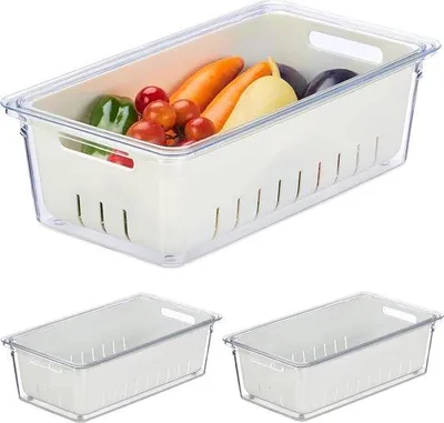 Immagine prodotto di Set di contenitori impilabili da 3 pezzi per frigorifero, trasparenti e bianchi, per frutta e verdura