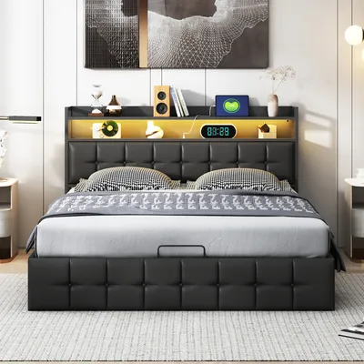 Obrázok produktu pre ProximaX Moderná čalúnená posteľ zPolyuretán140x200 cm, čierna, s LED osvetlením na čele postele, USB pripojením na nabíjanie, plynovým tlakovým odpružením, veľkým úložným priestorom na dne postele a čalúneným čelom - elegantný dizajn a praktický komfort pre každú spálňu