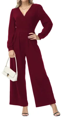 Obrázok produktu pre Dámsky kombinézový overal s dlhými rukávmi, elegantný kostým, vínová farba, veľkosť S