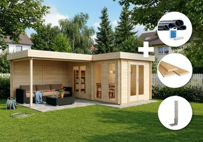 Produktbild von Alpholz Gartenhaus Set Quinta 720x530cm Natur mit Boden & Dacheind.