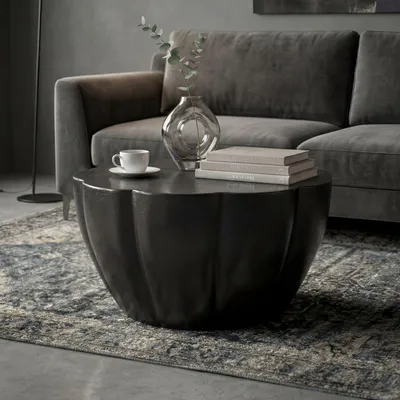 Image de FineBuy Table basse en aluminium 60 cm, forme de fleur, noire, table ronde de salon, table basse design, table basse moderne, table d'appoint, salon, fabriquée à la main