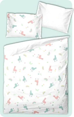 Produktbild von Soma Perkal Baby Wende Bettwäsche 100x135 cm Alpaka Lama Regenbogen weiß bunt Set inklusive passendem Jersey Spannbetttuch 70/140 cm