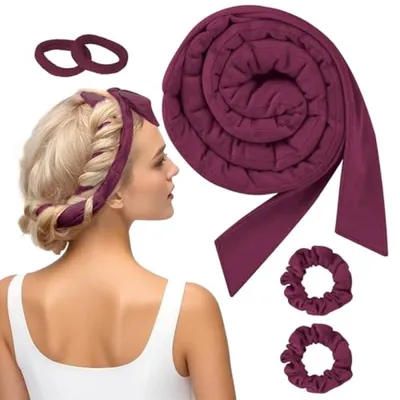 Produktbild von PromoHome® 5 Hitzefreie Lockenbänder – Samt-Lockenwickler für langes Haar – Locken über Nacht ohne Hitze – Set mit Haarbändern – Bordeauxrot