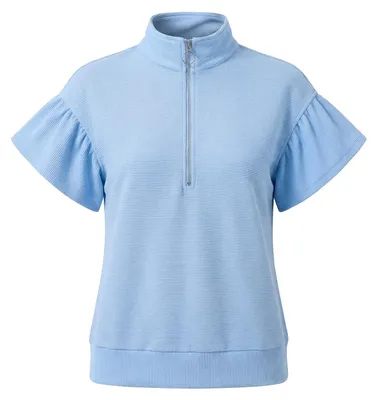 Produktbild von Damen Bluse mit Stehkragen, Viertelreißverschluss und kurzen Rüschenärmeln, blau, Größe S