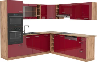 Produktbild von Eckküche Vicco R-Line Rot Hochglanz/Goldkraft Eiche 247 x 46 cm ohne Arbeitsplatte, Model 37705