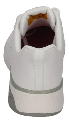 The back view of a white Skechers sneaker.