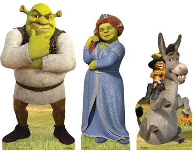 Three cardboard cutouts of characters from the Shrek movies: Shrek, Princess Fiona, and Donkey with Puss in Boots riding him.