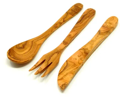 3-teiliges Besteckset aus Olivenholz, Esslöffel, Gabel, Buttermesser