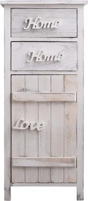 A tall, narrow white wooden cabinet with two drawers and a door, decorated with the words "Home" and "Love".