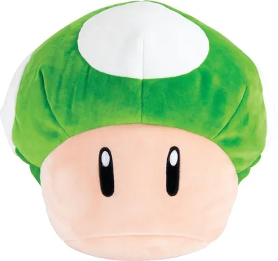 A plush toy shaped like a green mushroom from the Super Mario video game series.