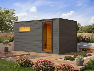 Produktbild von Gartensauna Lenchen 6 terragrau SPARSET mit 9 kW -Ofen und ext. Steuerung