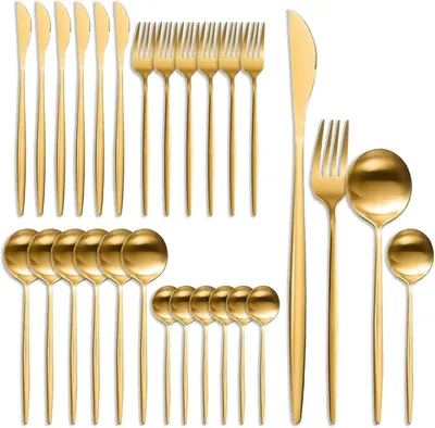 Image de Service de couverts 24 pièces, doré, en acier inoxydable, pour 6 personnes, compatible lave-vaisselle, idéal pour la table à manger