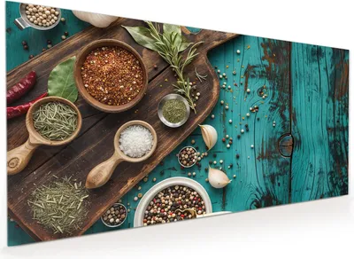 Produktbild von Küchenrückwand Spritzschutz Glas mit Motiv Küchenzutaten Holztisch 40 x 40 cm
