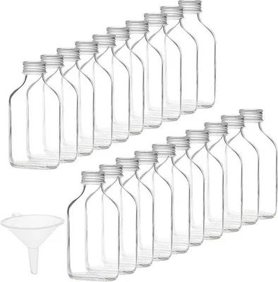Obrázek produktu pro Sklenice se stříbrnými uzávěry a nálevkami, 100 ml, 20 kusů, na likéry, pálenky, whisky a panáky.