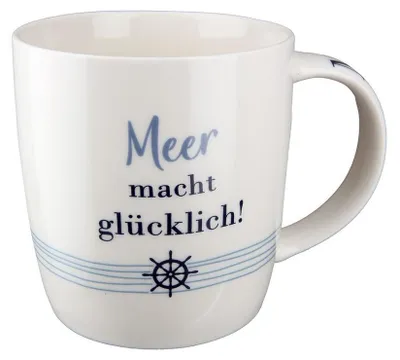 Produktbild von 1 x Tasse "Wellenglück" blau/weiß glasiert, aus Knochenporzellan "Meer macht glücklich!" Füllmenge: ca. 380 ml, mikrowellen- und spülmaschinengeeignet