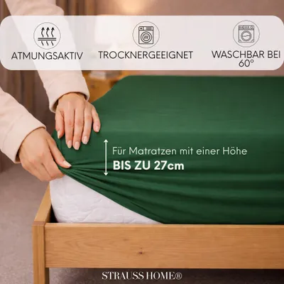 Produktbild von Strauss Home® Premium Spannbettlaken – 160 g/m² Gekämmte Baumwolle – Jersey in Hotelqualität – Formstabil & Langlebig – Rundumgummi – Für Matratzen bis 27 cm – 90x200-100x200 cm - Grün / Khaki