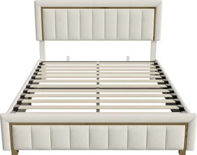 Produktbild von ProximaX Polsterbett 160x200 cm mit Lattenrost, Hydraulisches Stauraumbett mit Bettkasten, Doppelbett aus Samt mit Vergoldetem Rand, Funktionsbett, Beige