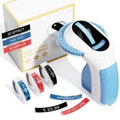 Produktbild von Memoking Prägegerät Etikettiergerät E975 mit 3 Rollen, Retro 3D Blau