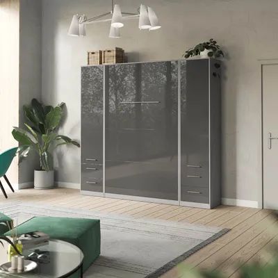 Produktbild von SMARTBett Wohnwand Set mit Schrankbett Standard 140x200 Vertikal + 2 x 50-Schränke Beton/Anthrazit Hochglanz