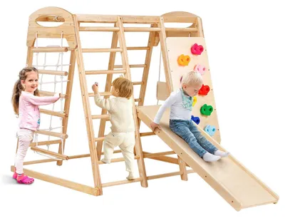 Produktbild von Indoor Klettergerüst für Kinder - 7-in-1 Spielplatz Set - Mit Schaukel & Rutsche - Holz- & Seilleiter - Kletternetz & Kletterwand - Für Kinder 2-6 Jahre