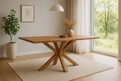 Produktbild von Esstisch Prag | 140 x 80 cm | Akazienholz massiv | Farbe: Natur | echte Baumkante | Spider-Gestell Holz | pflegeleichter Esszimmertisch/Baumkantentisch/Küchentisch