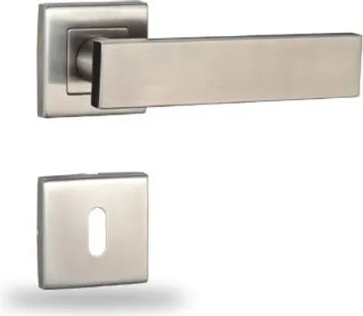 A modern door handle set with a square base and a rectangular handle, shown with a separate keyhole escutcheon.