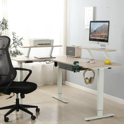 Obrázok produktu pre Radlove 160 cm L-desk, Elektricky výškovo nastaviteľný kancelársky stojaci stôl v tvare L s podstavcom na monitor a zásuvkou