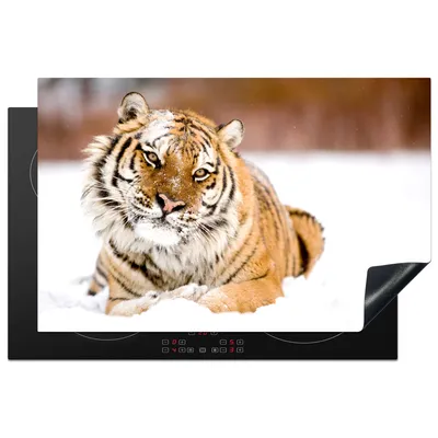 Produktbild von KitchenYeah© Herdabdeckplatte Tiger - Schnee - Weiß , 81x52cm, Küche Deko, Glaskeramikkochfeld Herdabdeckung, Abdeckplatte fùr Kochfeld