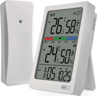 Digitální teploměr s vlhkoměrem, bezdrátové čidlo, budík, datum E0558W