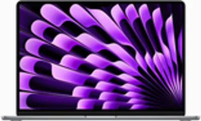 A laptop with a purple abstract wallpaper on its screen.