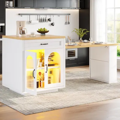 Produktbild von Flieks Kücheninsel mit LED-Beleuchtung, Küchenwagen mit 2 Schubladen und verstellbaren Einlegeböden, Servierwagen 126(196)x59x94cm, Weiß