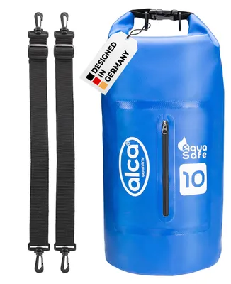 Produktbild von alca® Packsack wassergeschützt 10 l Volumen als Rucksack für Outdoor Blauer Trockenbeutel mit Rollverschluss, zwei Tragegurte inkl., zusätzliches Reißverschlussfach, Seesack für den Strand