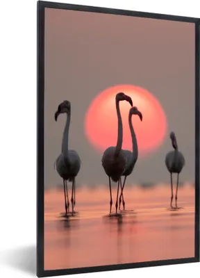 Produktbild von MuchoWow® Gerahmtes Poster Vogel - Flamingo - Sonnenuntergang - Rosa 60x90 cm - Poster mit Schwarzem Bilderrahmen Wandposter Rahmen Foto Bilder - Kunst