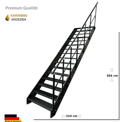 A black metal staircase with a railing, shown from a diagonal angle against a white background. Dimensions are indicated with text.