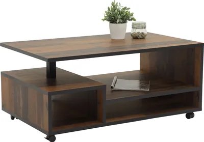 Produktbild von Couchtisch mit Funktion, Wohnzimmertisch Eike - Oldwood / Kanten schwarz - Ablagefächer - auf Rollen - 110x68 cm