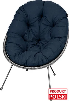 A dark blue cushion chair with silver legs on a white background.
