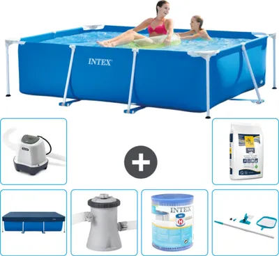 Produktbild von Intex-Schwimmbecken mit rechteckigem Rahmen – 220 x 150 x 60 cm – Blau – im Lieferumfang enthalten Abdeckung - Filterpumpe für Schwimmbad - Filter - Reinigungskit - Salzwassersystem - Poolsalz