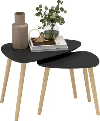 Image de HOMCOM Lot de 2 tables basses gigognes design scandinave pieds en bois et plateau en bois, noir
